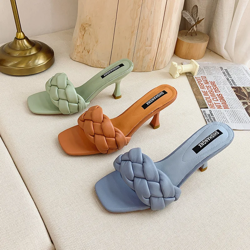 

New Design Weaved Women's Slippers Stiletto Heels Sandals Open Toe Summer Outdoor Shoes Women Sandals Designer Slides ZZ103