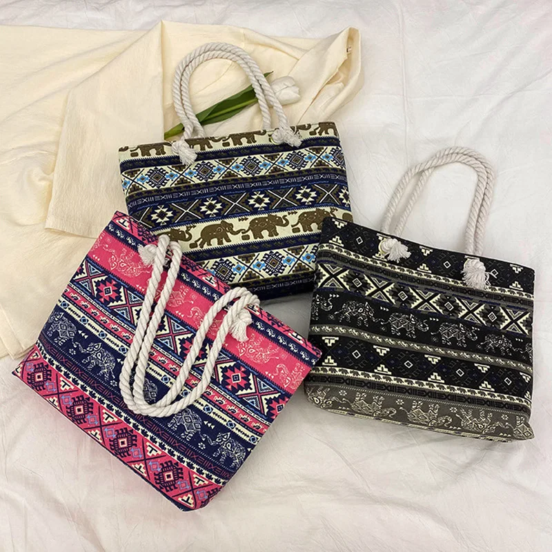 

National Style Canvas Shoulder Bag Casual Tote Bags For Women Big Capacity Shopping Bags Rope Top Handle Handbags