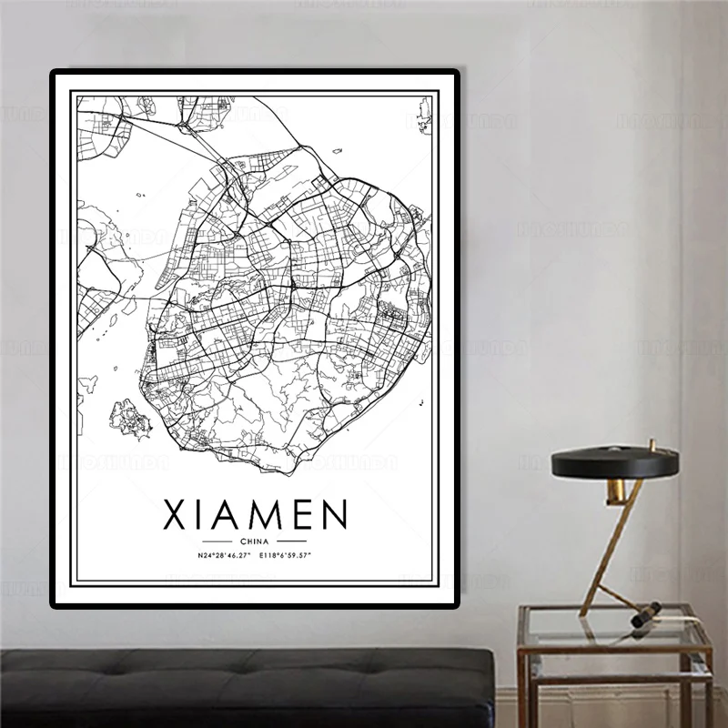 Карта городов мира XIAMEN черно-белый холст ландшафтный плакат принты в