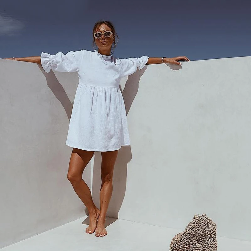 

Casual Stand Collar Flare Sleeve Ruffles Mini Dress Woman Loose High Waist Sweet Cotton White Holiday Dress 2021 Summer