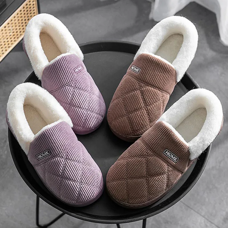 

New Winter Cotton Slippers, Women's Warm Home Shoes, Men's Indoor Non-slip Solid Color Couple Plush Platform Shoes Furry Slides