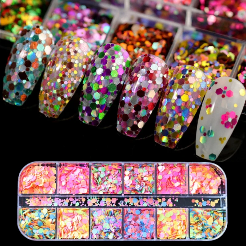 

Colorful Mixed Hexagon Shape Sparkling Chunky Nail Glitter Sequins Laser Sparkly Flakes Slices Manicure Nails Art Decoration