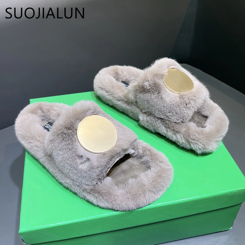 

Женские модные теплые пушистые шлепанцы SUOJIALUN, удобные мягкие Меховые Шлепанцы из натурального меха на плоской подошве, женские повседневн...