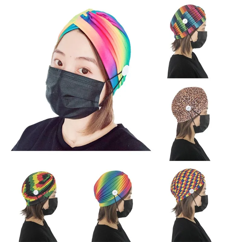 

Headband Women Mask Buttons Beanie Hat Ladies Turban Rainbow Headwear Fillet Bandeau Mujer Scrunchie India Cap Hair Accessories