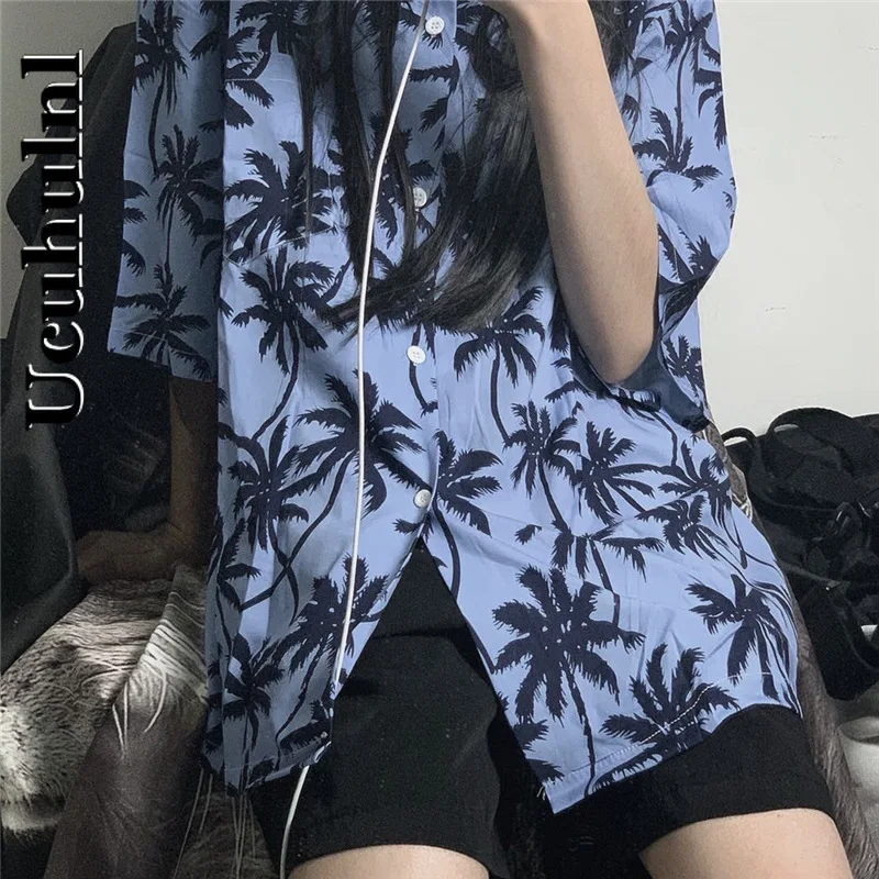 

Ucuhulnl Streetwear Harajuku Diablo Style Vintage Coconut Tree Printing Short Sleeve Casual Loose Single Breasted Blouses Shirt