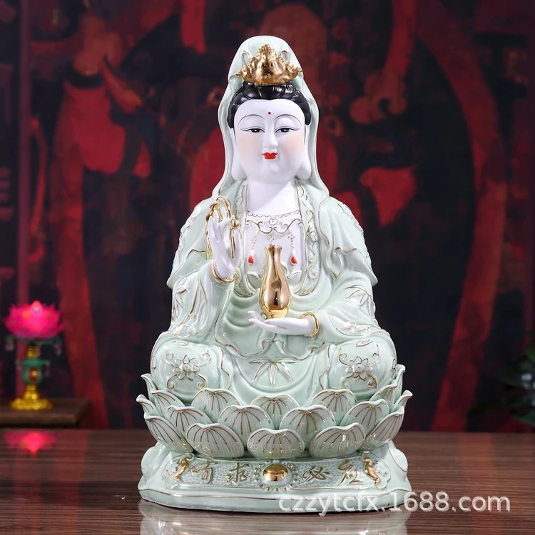 

14inch [response] High White Porcelain Jade[Request] High white porcelain jade green Guanyin Bodhisattva Buddha statue ornament
