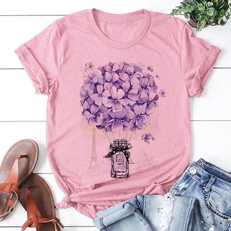 Футболка женская с цветочным принтом и воздушными шарами милая повседневная