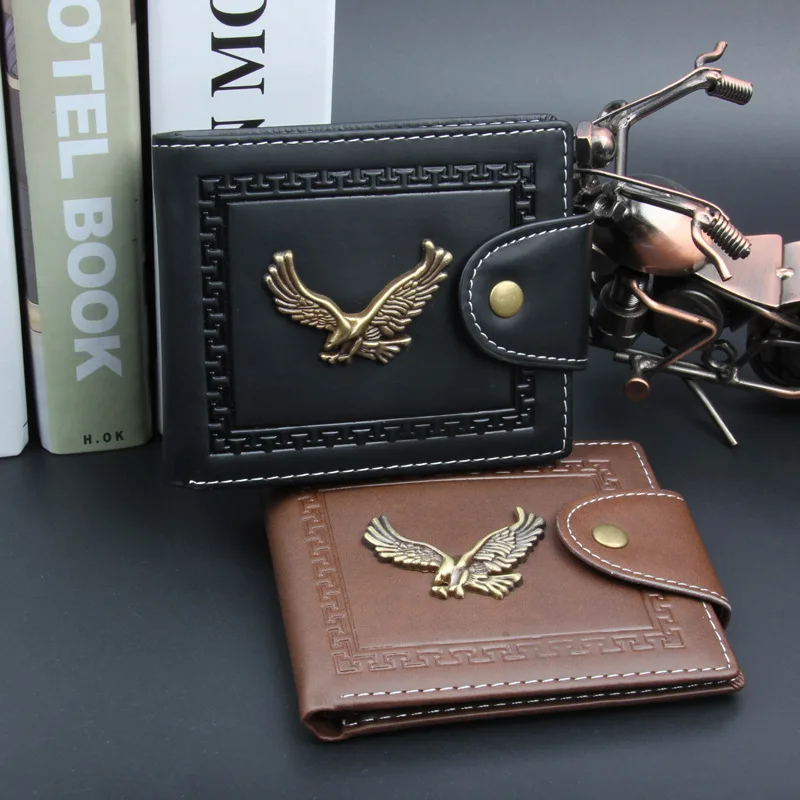 

Короткий кошелек для мужчин, двойной бумажник из искусственной кожи с винтажным принтом орла на застежке, мужской кошелек с несколькими кар...