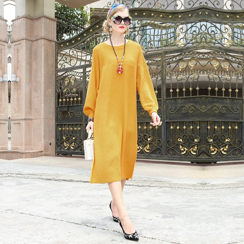 

2020 Autumn Fashion Long Sweater Dress High Quality Women Crochet Knitting Long Sleeve Casual Loose Dress Ladies Soft Knitwear