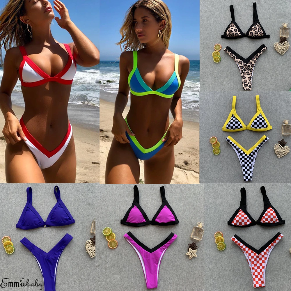

Summer Sexy Plaid Bikini Sets Women Padded Swimsuit Push Up Bathing Suit Leopard Printed Swimwear 2pcs Bikini Sets Beachwear