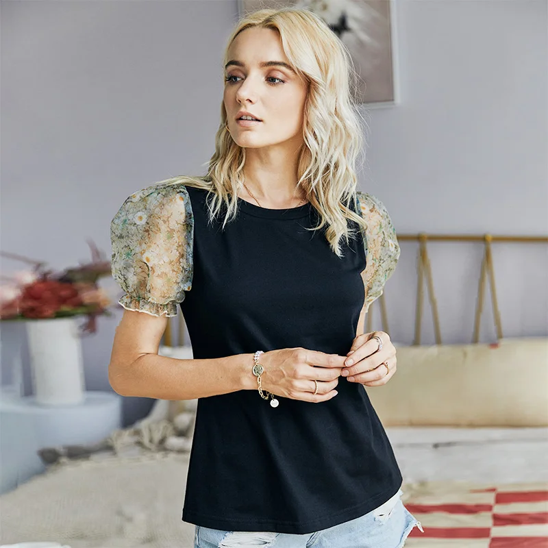 

MIOFAR Fashion Hollow Out Stitching Puff Short Sleeve Slim White Shirt Summer Top Shirts Solid Casual Women Tops Streetwear