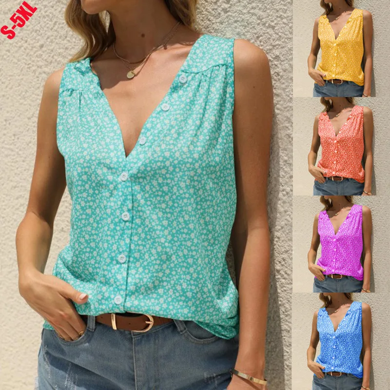 

S-5XL Oversized Summer Beach Tops Women Blouses Casual Sleeveless V-Neck Button Print Loose Shirt Ladies Large Size Top 2021 New