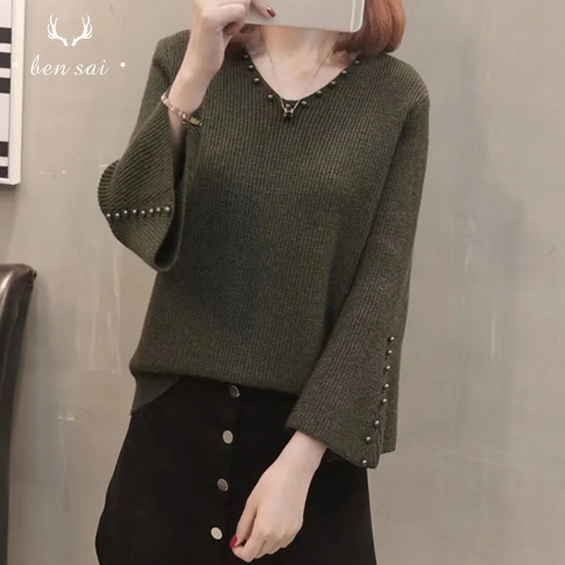 Women V-neck Knitted Sweater Solid Color Trumpet Sleeve Pearl Beaded Temperament Spring Autumn New | Женская одежда