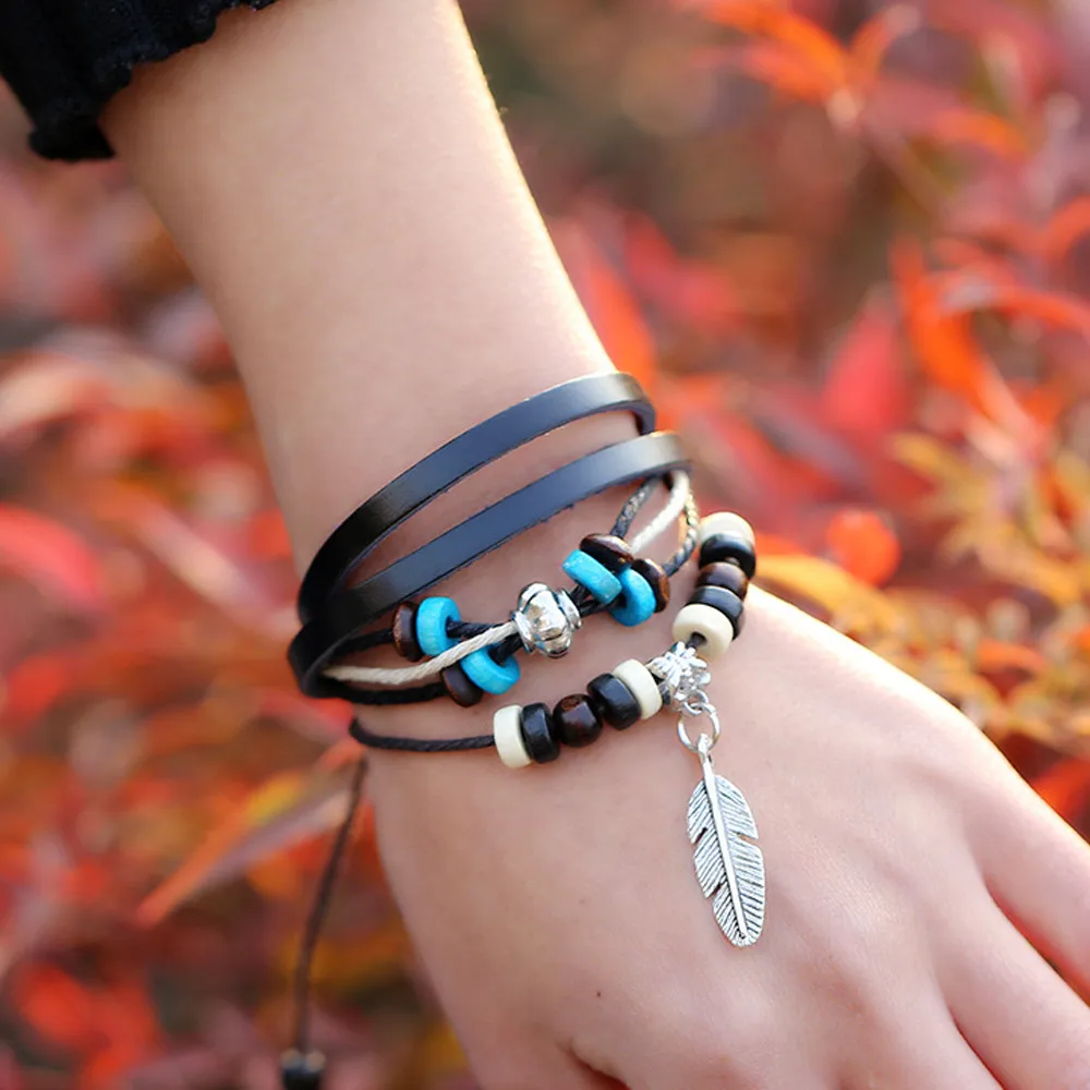 Модный женский многослойный браслет ручной работы из бычьей кожи|Цепочки и