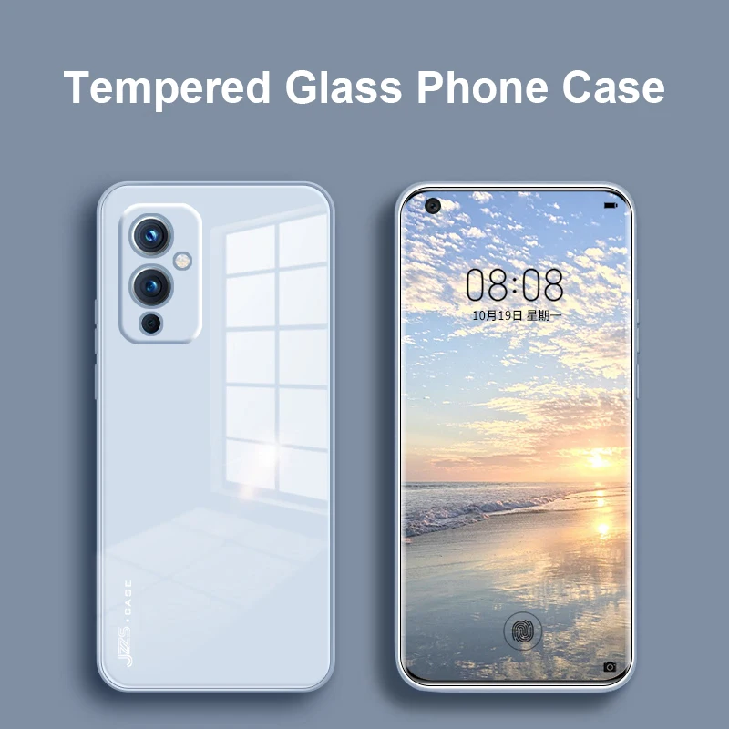 

Tempered Glass Phone Case For OnePlus 9 Pro Liquid Silicone Frame Cover For OnePlus 9 Lens Protection Case