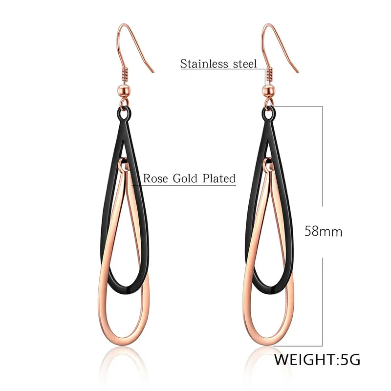Simple black earring lady stainless steel rose gold style geometry shape long | Украшения и аксессуары