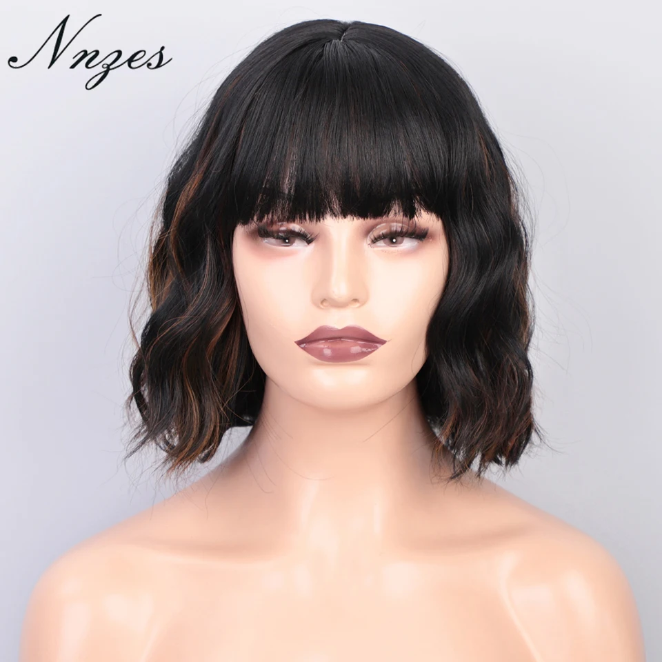 

NNZES 12inches Natural Wave Short Wig With Bangs Mixed Black and Red Wig Heat Resistant Fiber Synthetic Wigs for Black Women