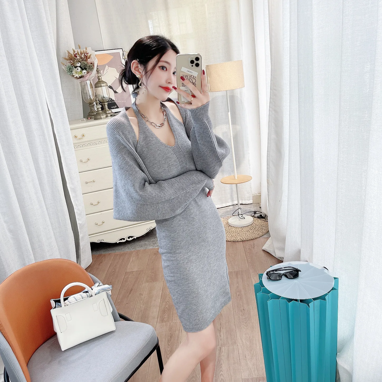 

2021 New Women Clothing Knitted Waistcoat Suspender Skirt Sweater Women Two-Piece Dress of Knitted Sweater Autumn and Winter