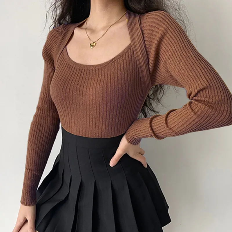 Tonngirls Autumn Women Sweater Long Sleeve Knitted Sweater Pullover Square Collar Slim Sweater Streetwear Black Pullover Tops