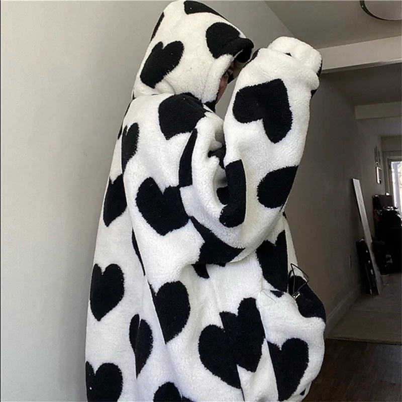 Женская плюшевая куртка в стиле Харадзюку 90-х годов с принтом виде сердца Женское