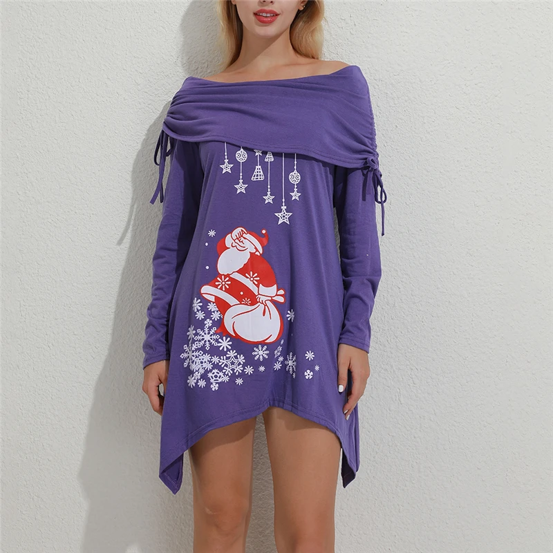 

Women Hoodies Fashion Mid Leength Pullover Santa Claus Printed Ladies Casual Loose Long Tops Sexy Slash Neck Sweatershirt