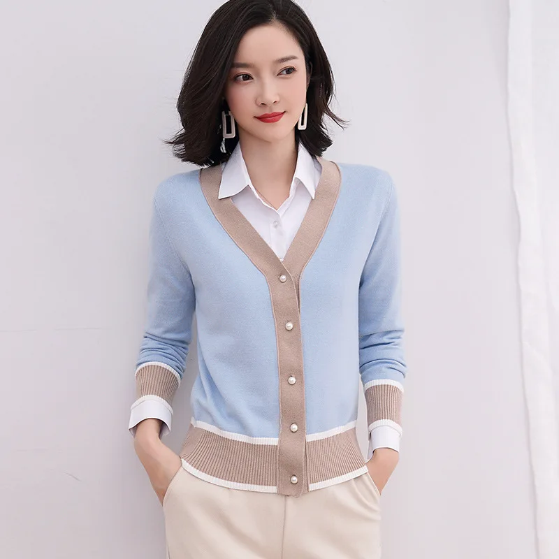 

Knitted Cardigan sweater New Spring Women Contrast Color V Neck Long Sleeve sweater Fashion Cardigan for Female Jumper Outwear