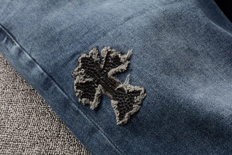 

Street High Luxury Designer Brand Genuine Leather Cross Cro Heart Wash Jeans Slim Elastic Little Leggings Denim Jeans for Men