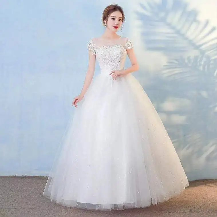 

Wedding Dress Embroidery Lace Up Backless Floor-Length O-Neck White Fashion Short Sleeves Plus Size Wedding Gowns For Women G320