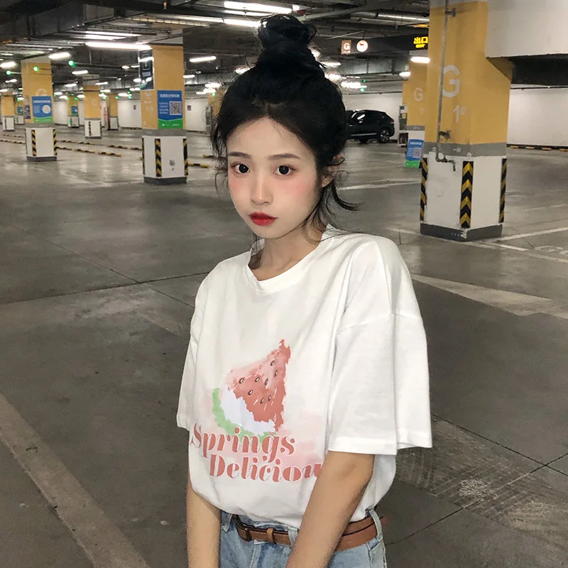 Summer Korean Short-sleeved Women's White Shirt New Design Loose Half-sleeved Printed T-shirt Trend