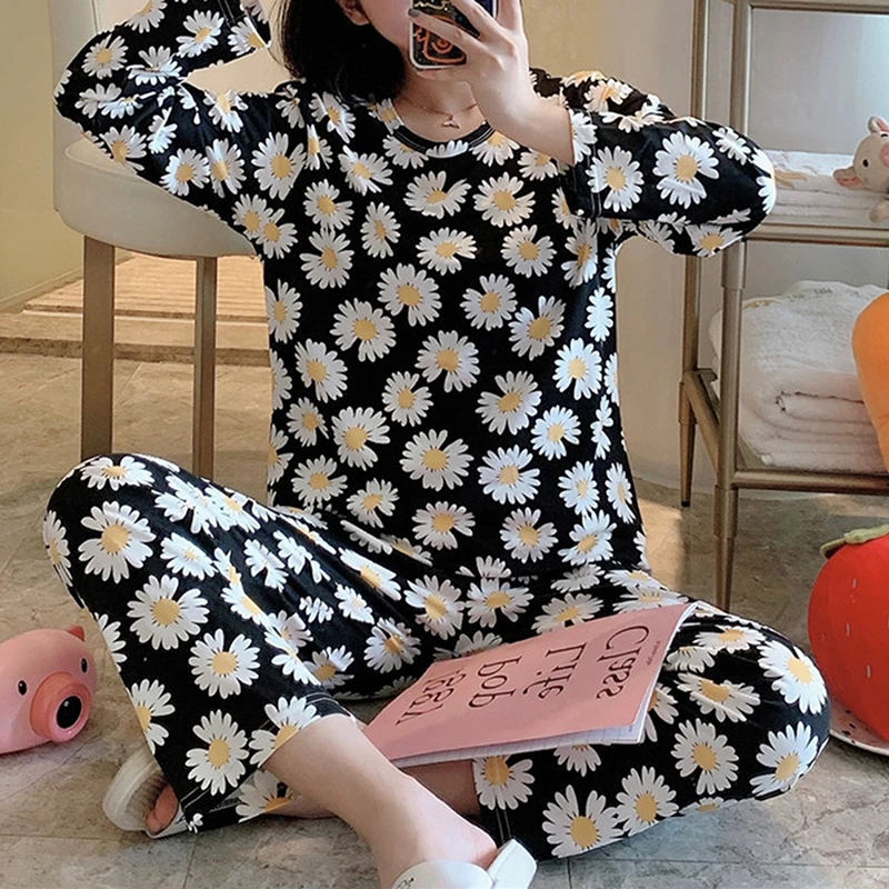 

Korea Autumn 2pieces Pajamas Set Women Girls Casual Round Neck Long Sleeve Sleepwear Fashion Floral Print Female Sleepwear