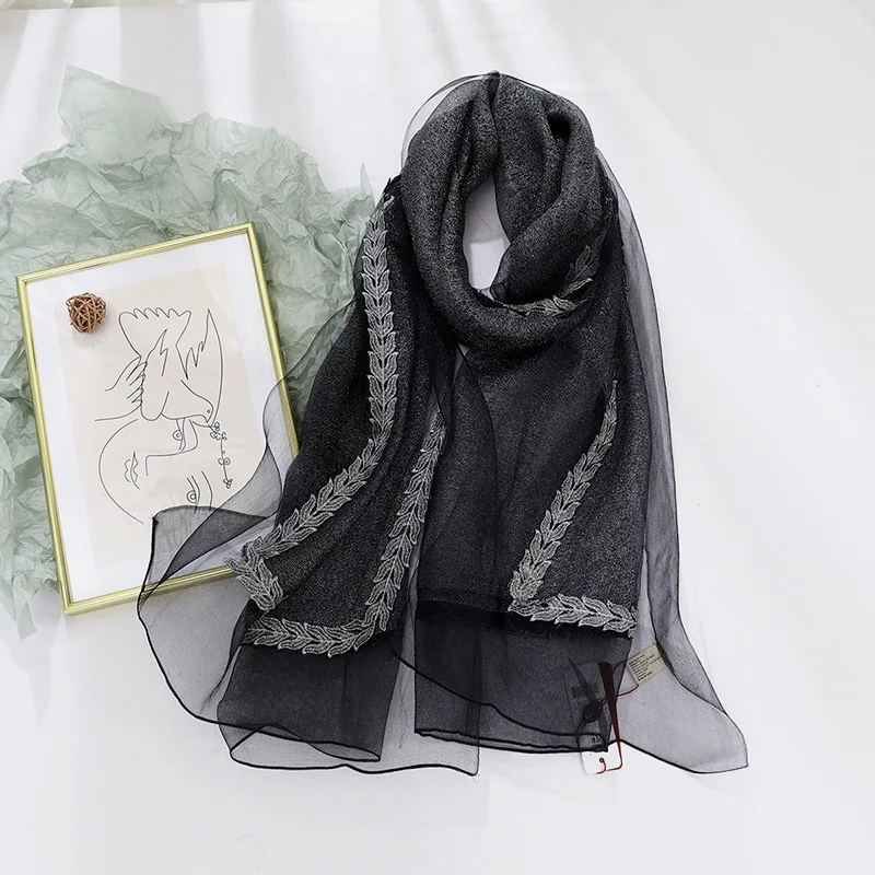 Шелковый женский шарф золотистый/серебристый шелк весна-осень Солнцезащитная