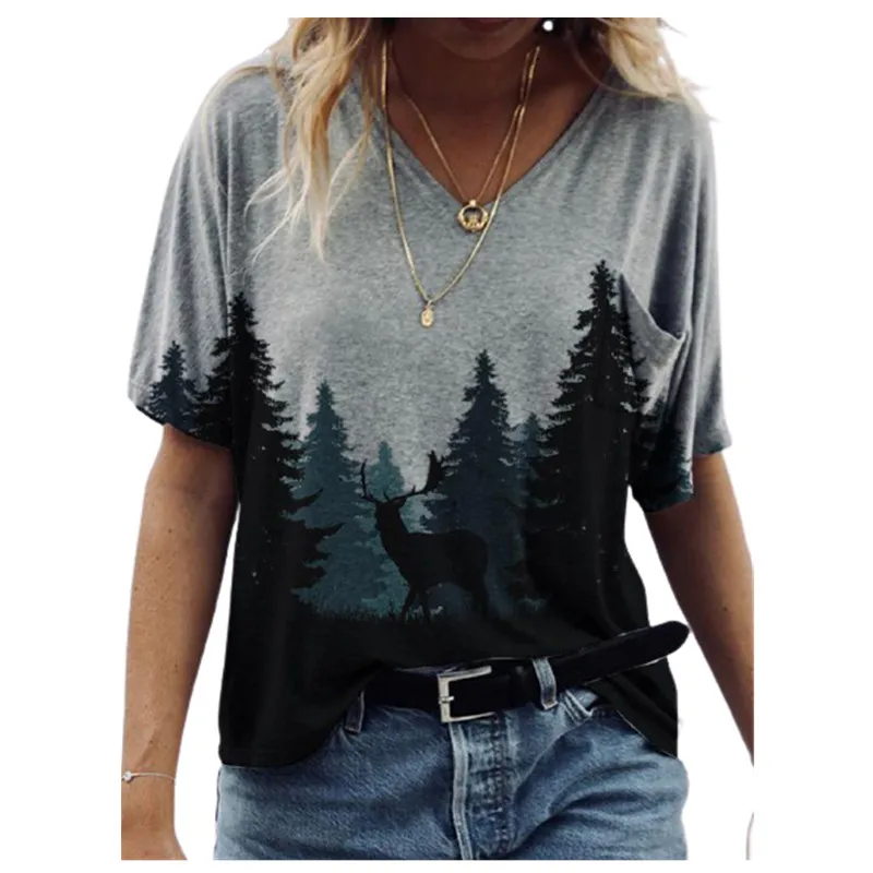 

2021 Summer New Women T-Shirt Elegant V-Neck Loose Female T-Shirt Casual Landscape Print Short Sleeve Ladies Streetwear