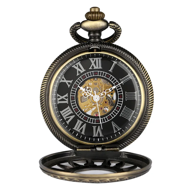 Antique Bronze Hollow Sun Flower Case Design Skeleton Handwind Mechanical Pocket Watch Gift to Men Women Roman Number Dial
