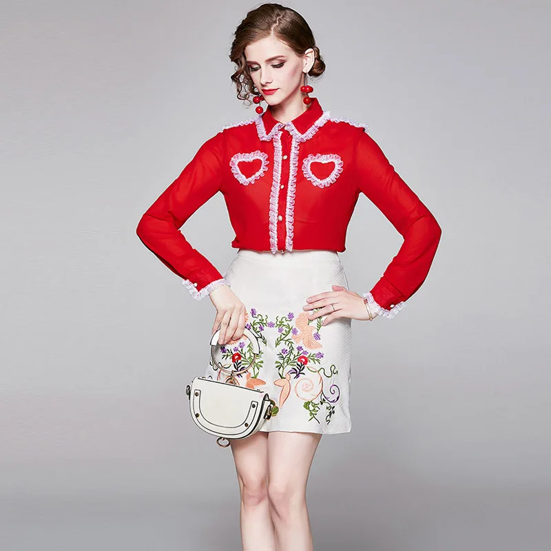 

Женское кружевное платье из двух частей, платья для офиса, одежда с длинным рукавом + короткая юбка с вышивкой