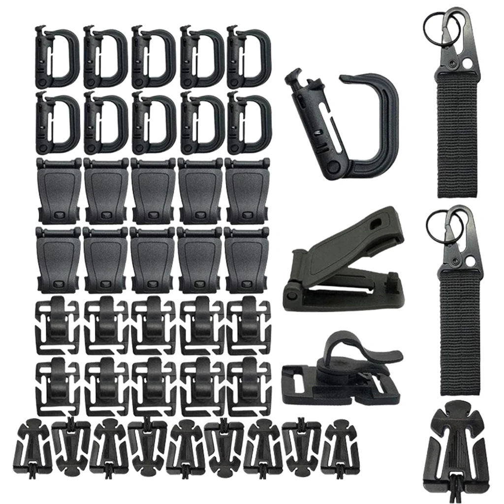 

42pcs Tactical Gear Clip Molle Webbing Attachments- 10x molle clips, 10xWeb Dominators with cord, 10x Water Tube Clips, D Rings