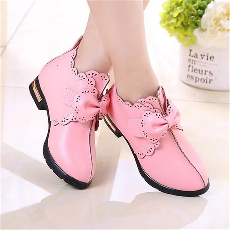 

Children's Leather Shoes Bow Hollow Out Fashion Student Princess Ankle Boots Toddler PU Leather Waterproof Kids Botas