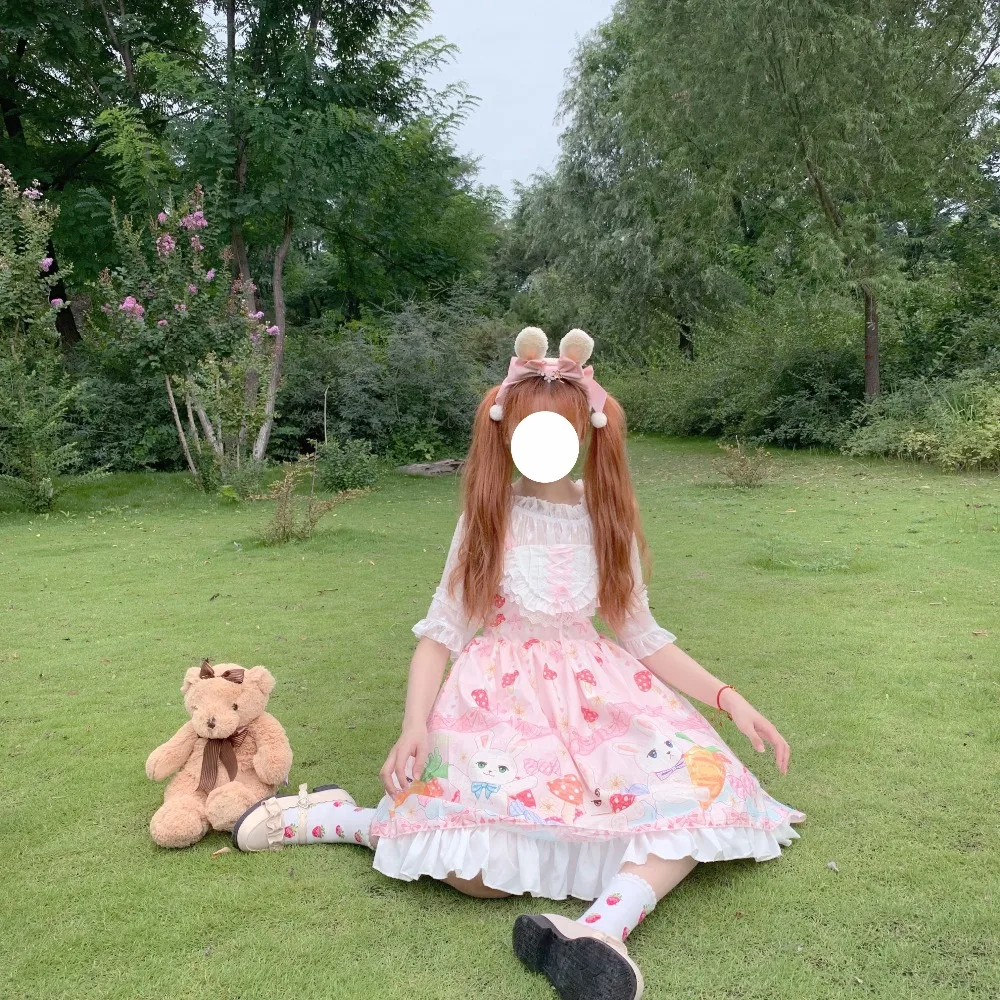Kawaii японский Лолита девушка Лолита гриб кролик кружева милое платье без рукавов