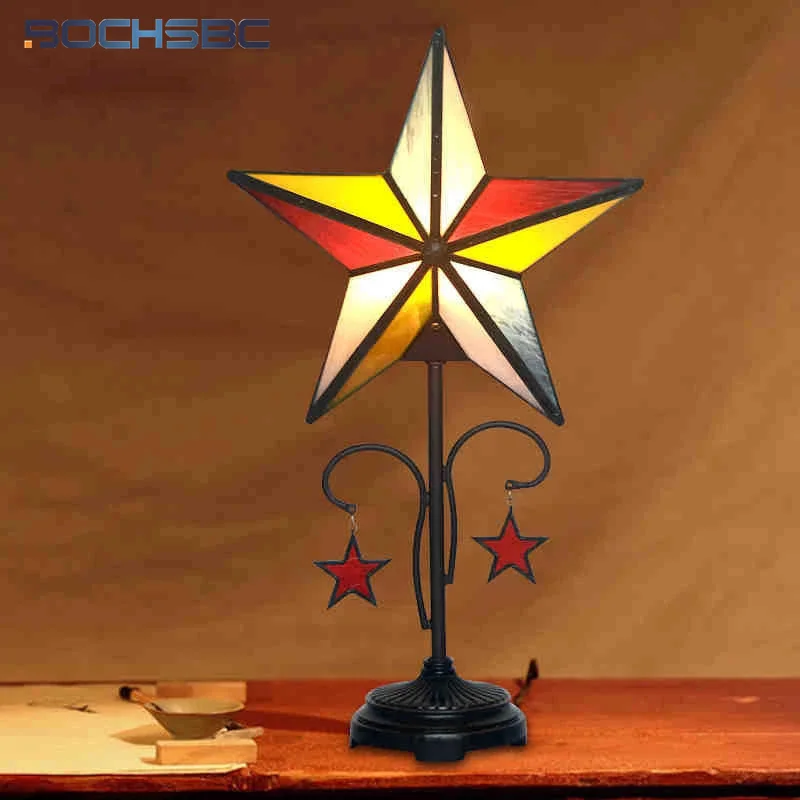 

BOCHSBC Stained Glass Shade Table Lamp LED E27 Star Bedroom Bedside Lamps Home Art Deco Marriage Lights Children luminaria Light