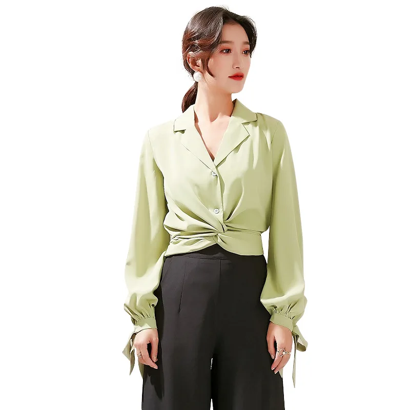 

Women Shirts Spring New Women Tops Korean Version Lapel Retro Print Strap Long Sleeve Shirt Women