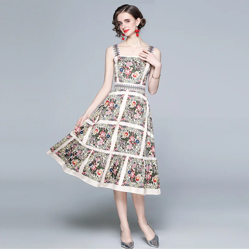 

2021 Designer Summer Sleeveless Square Neck Midi Dress Elegant Floral Print Party Evening Dress For Women Streetwear Dress Feme