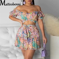 women floral printing two piece sets sexy bohemian style 2021 summer tube top neck crop tops lace up ruffle mini skirts outfits