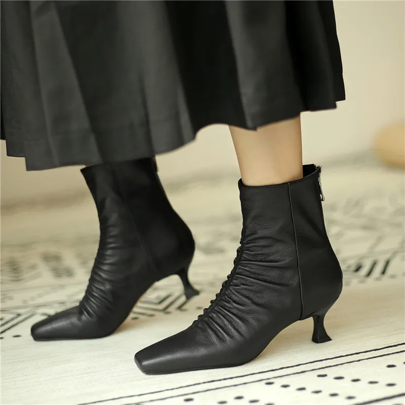 

MORAZORA 2020 Genuine leather boots fashion square toe high heels ladies shoes autumn winter fold ankle boots for woman
