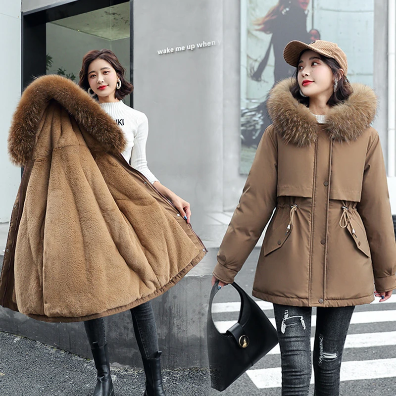 

Womens Hooded Long Coat Winter Thicken Fleece Lined Jacket With Fur Collar Plus Velvet Down Warm Parkas Oversized Clothing 2021