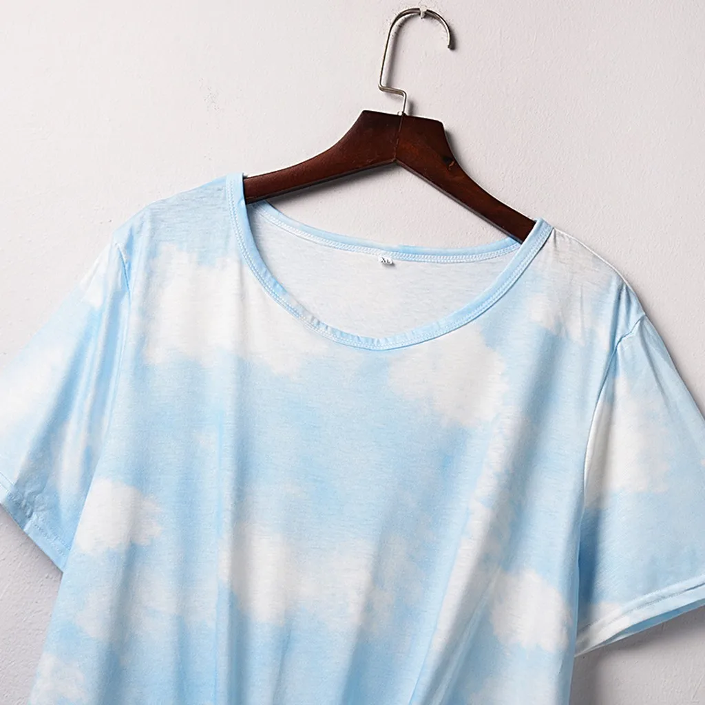 

Fashion Tie-Dye Print Knot Blouse Shirt Sexy O-Neck Loose Tops Casual Summer Ladies Top Female Women Sleeveless Blusas Pullover