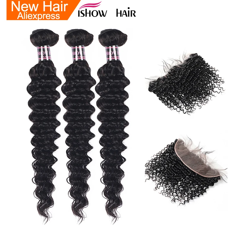 Ishow пучки глубоких волнистых волос с фронтальным бразильским плетением