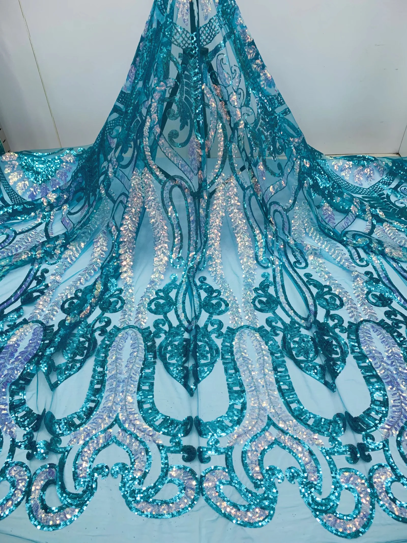 

(5yards/pc) Newest lake blue African sequins lace fabric shining French net lace with gorgeous embroidery for party dress FJL033