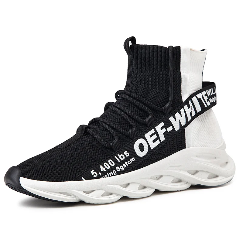 Men's Spring Autumn Fashion Leisure Casual Shoes Mesh Fabric Lightweight Hiking Walking Running Sport Sock High-top Sneakers - Цвет: Black-white