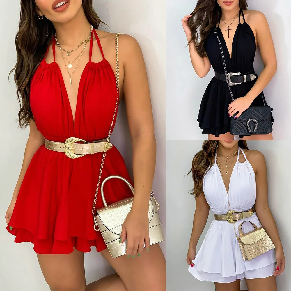 

Мини-платье женское летнее однотонное ТРАПЕЦИЕВИДНОЕ с открытой спиной, V-образным вырезом и высокой талией