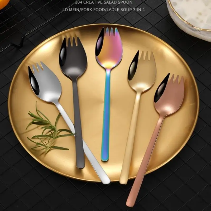 

304Stainless Steel Food Salad Spoon Dual-use Fork Spoon Household Noodle Spoon Western Dessert Spoon Fruit Fork Salad Fruit Tool