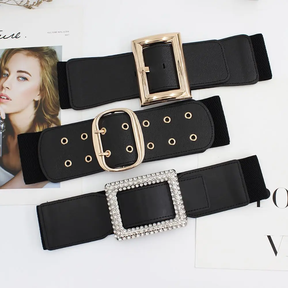 

Simple Wide Elastic Skirt Coat Female Strap Belt Sweater Square Buckle Women Waistband Waist Belt Cummerbunds PU Belt